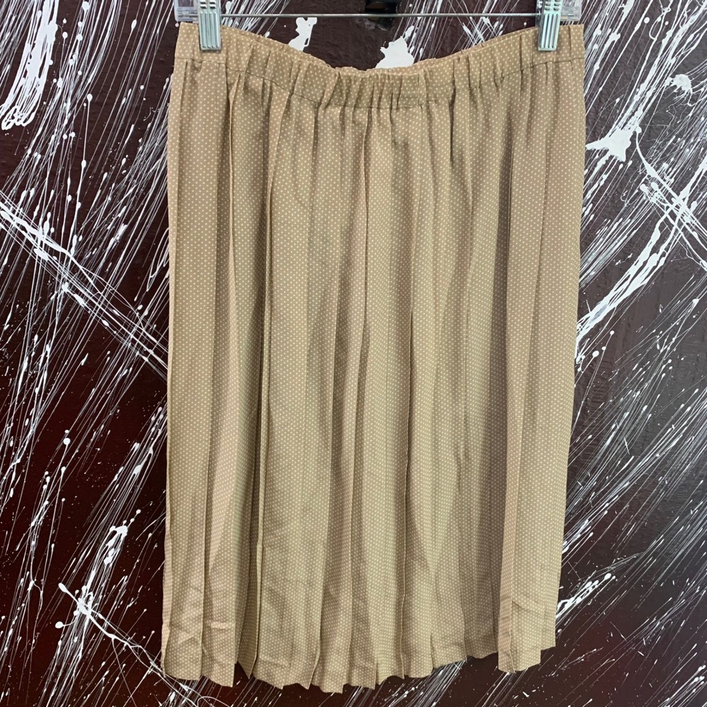 Argenti Vintage 100% Silk Pleated Polka Dot Midi Skirt Tan Beige Size 10